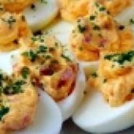 Chipotle Deviled Eggs with Tasso Ham and Cheddar