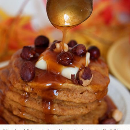 Pumpkin Pancakes with Caramel Syrup and Hazelnuts