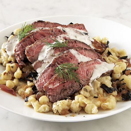 Grilled Steak and Peppered Spaetzle with Black Trumpet Mushrooms and Shallot Marmalade