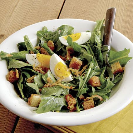 Dandelion Salad with Pancetta, Eggs, and Croutons