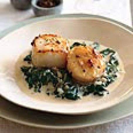 Seared Scallops on Spinach with Apple-Brandy