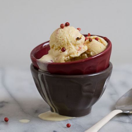 Strawberry Swirl Buttermilk Ice Cream with Candied Pink Peppercorns