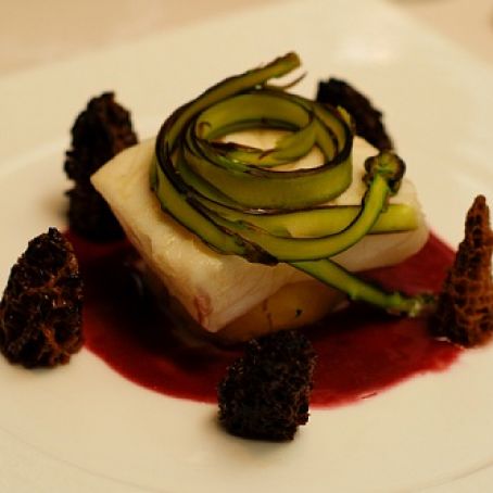 Sous Vide Halibut Beurre Rouge …with Shaved Asparagus, Morels, and Heirloom PotatoesHalibut Beurre Rouge with Shaved Asparagus, Morels, and Heirloom Potatoes