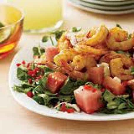 Spicy Sweet Watermelon and Watercress Salad with Grilled Hot and Sour Shrimp
