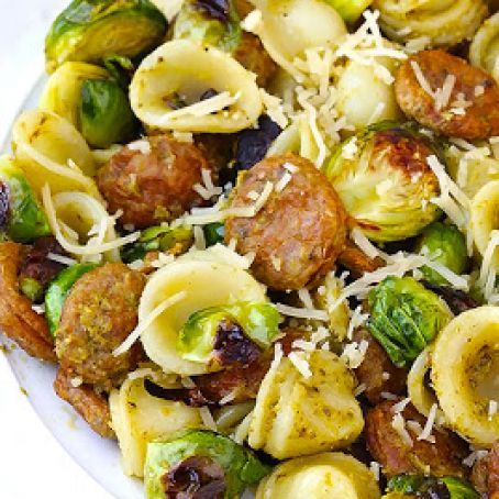 Pesto Pasta with Chicken Sausage & Roasted Brussels Sprouts