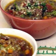 Rustic Farro Soup with Saugage and Mushrooms