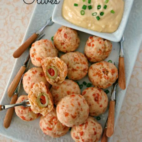 Baked Cheddar Olives with Parmesan Dipping Sauce
