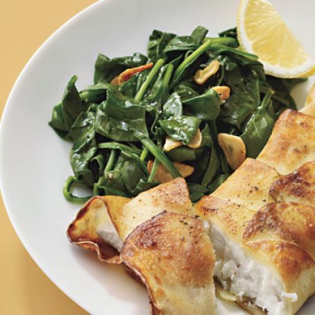 Potato-Wrapped Halibut with Sautéed Spinach