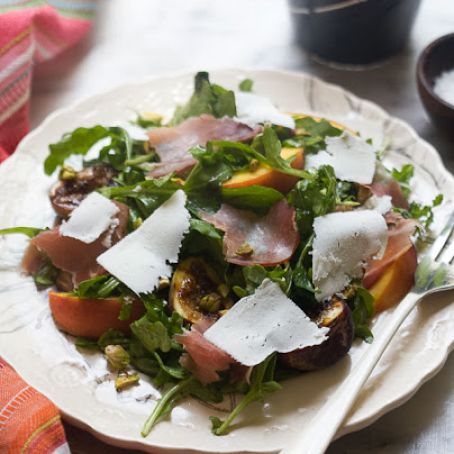 Grilled Fig and Peach Arugula Salad with Ricotta Salata and a Black Pepper Vinagrette