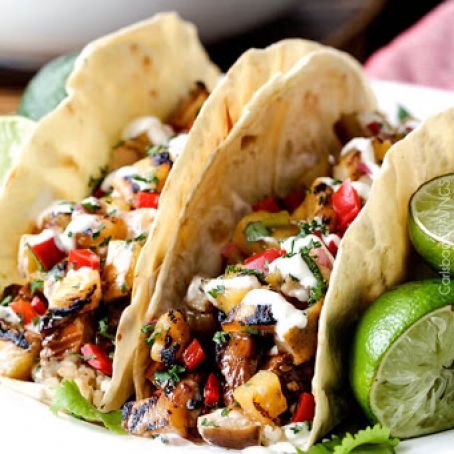 Teriyaki chicken tacos with grilled pineapple pear salsa