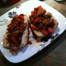 Hot Dogs w/ Onion Sauce & Grilled Red Pepper Relish