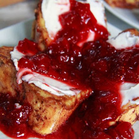 Angel food Cake French Toast with Strawberry Syrup and Cream Cheese