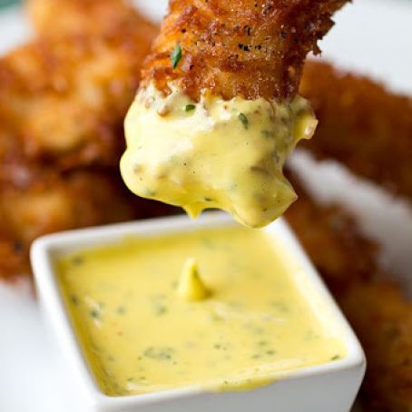 Coconut Crunch Chicken Strips with Creamy Honey-Mango Dipping Sauce