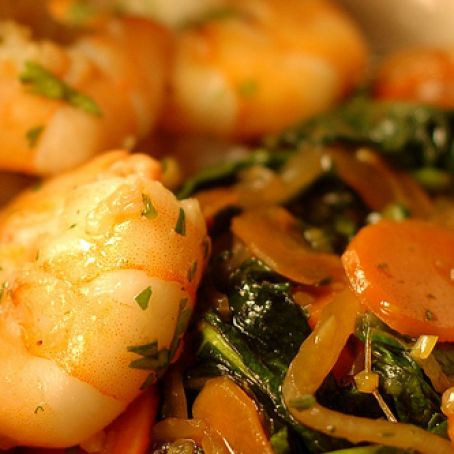 Stir-Fried Winter Greens With Garlic Shrimp & Rice