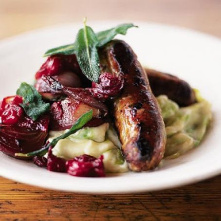 Sausages with pan cooked chutney & leek mash