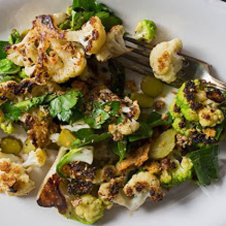 Charred Cauliflower with Toasted Bread Crumbs, Cornichons and Parsley