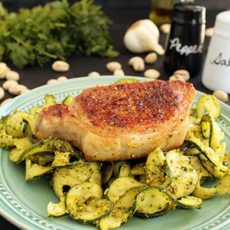 Roasted Pork Chops with Pistachio-Parsley Pesto Zucchini Pasta