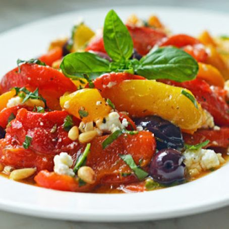Roasted Pepper Salad with Feta, Pine Nuts & Basil