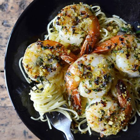 Herbed Shrimp with Capellini and Spicy Bread Crumbs