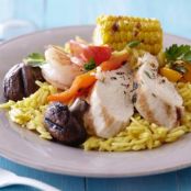 Grilled Meats and Vegetables over Saffron Orzo