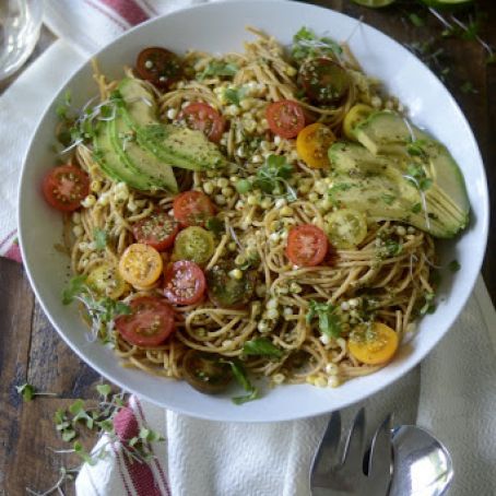 Avocado, Charred Corn, and Heirloom Tomato Pasta with Cilantro-Chile-Lime Sauce