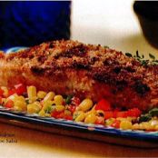 Panko-Macadamia-Crusted Salmon with corn, Pepper and Scallion Salsa