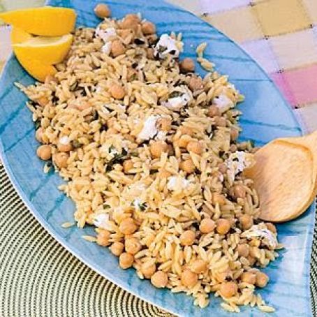 Orzo with garbanzo beans, goat cheese, and oregano