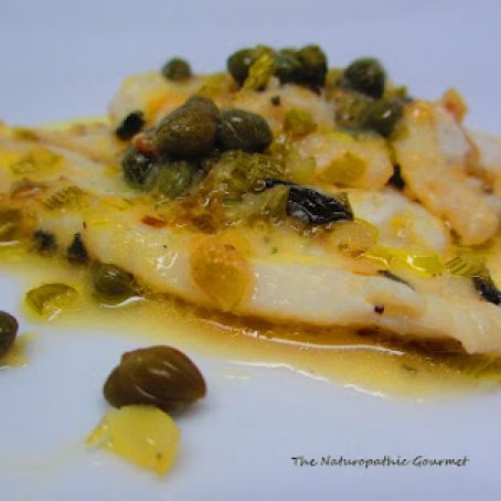 Lemony Sole with Green Olives, Bacon, and Capers