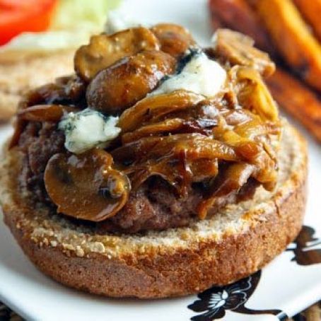 Burgers Smothered in a Caramelized Onion, Mushroom and Blue Cheese