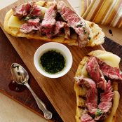 Mini Open Faced Steak Sandwiches on Garlic Bread with Aged Provolone and Parsley Oil