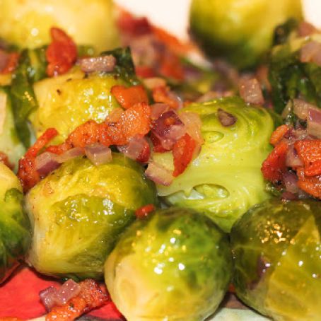 Steamed Brussels Sprouts with Bacon and Red Onions