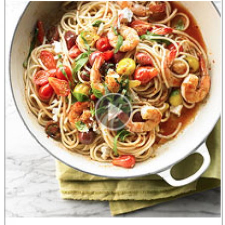 Bucatini with Shrimp and Spicy Cherry Tomato Pan Sauce