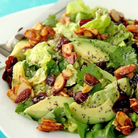 Cranberry-Avocado Salad with Candied Spiced Almonds and Sweet White Balsamic Vinaigrette