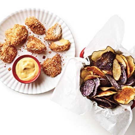 Chicken Nuggets with Crispy Potato Chips and Honey Mustard