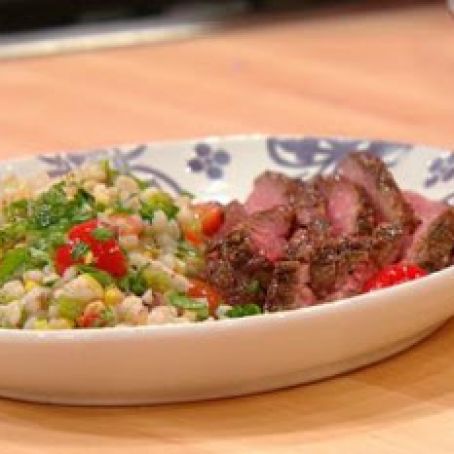 Umami-Marinated Flank Steak with Pearled Barley and Corn Salad
