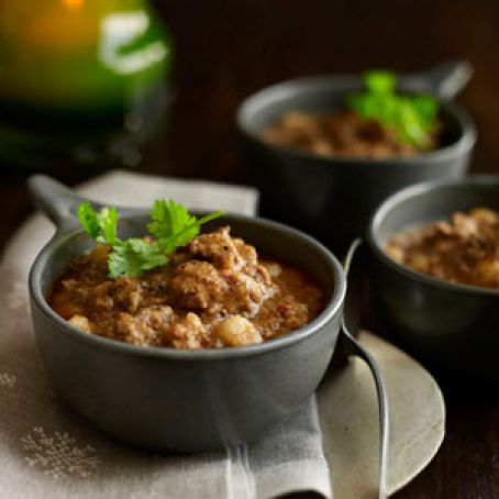 Chili with Guajillo and Ancho Chiles and Hominy