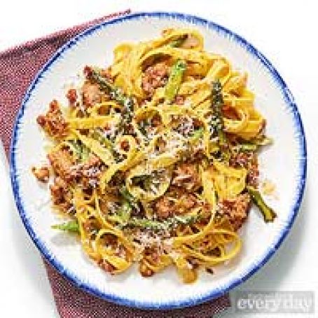 Egg Tagliatelle with Saffron, Asparagus & Hot Sausage