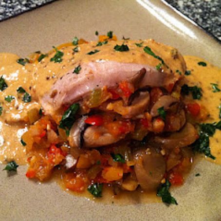 Vegetable Hash Stuffed Pork Chops With Pepper Jack Cream Sauce