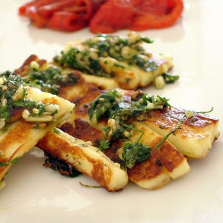 Pine nut-crusted cheese with roasted pepper