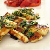 Pine nut-crusted cheese with roasted pepper