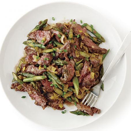 Sirloin Tip Steak Sauté with Leeks and Asparagus