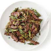 Sirloin Tip Steak Sauté with Leeks and Asparagus
