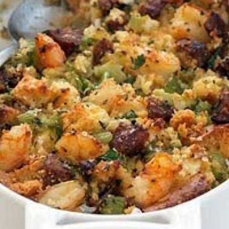 Corn Bread Stuffing with Shrimp and Andouille