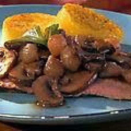 Flank Steak with Merlot Mushrooms and Pearl Onions over Toasted Polenta