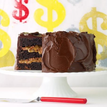 Chocolate Cake with Milk-Chocolate Crunch & Caramel Sauce