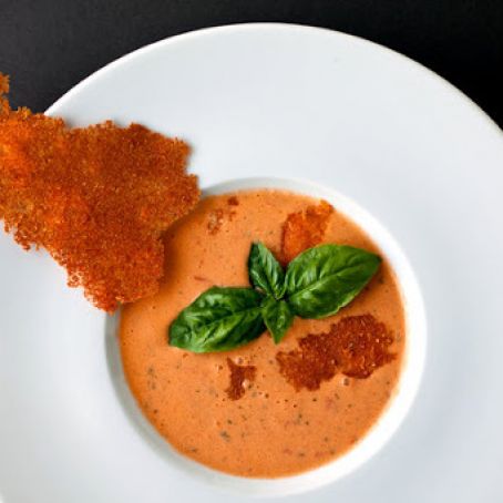 Creamy, Garlicky, Tomato Gazpacho with Crunchy Pecorino