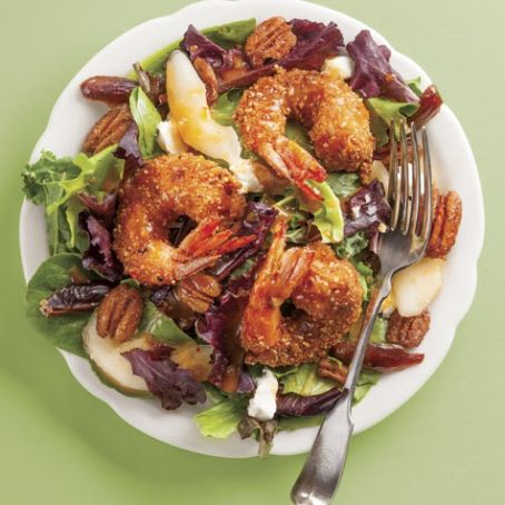 Pecan-Studded Crowns of Shrimp atop Royal Spring Greens