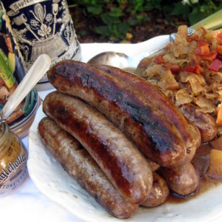 Bratwurst Cooked in Beer with Apple Sauerkraut