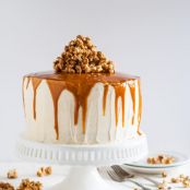 Vanilla Bean Cake with Bourbon Soaked Peach Compote & Spicy Caramel Corn