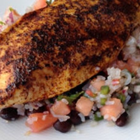 Chili Rubbed Chicken with Black Bean Salsa and Rice